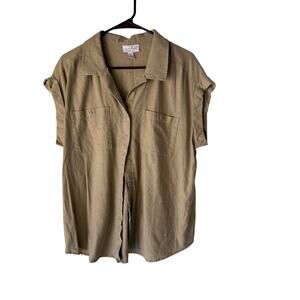 Isabel by Ingrid & Isabel Linen Blend Top M Tan Button Down Short Sleeve Utility